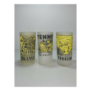 VTG 70’s 3PC HAZEL ATLAS Yellow Souvenir Tumblers Glasses, H3”XW2.5” AR, TN & NC